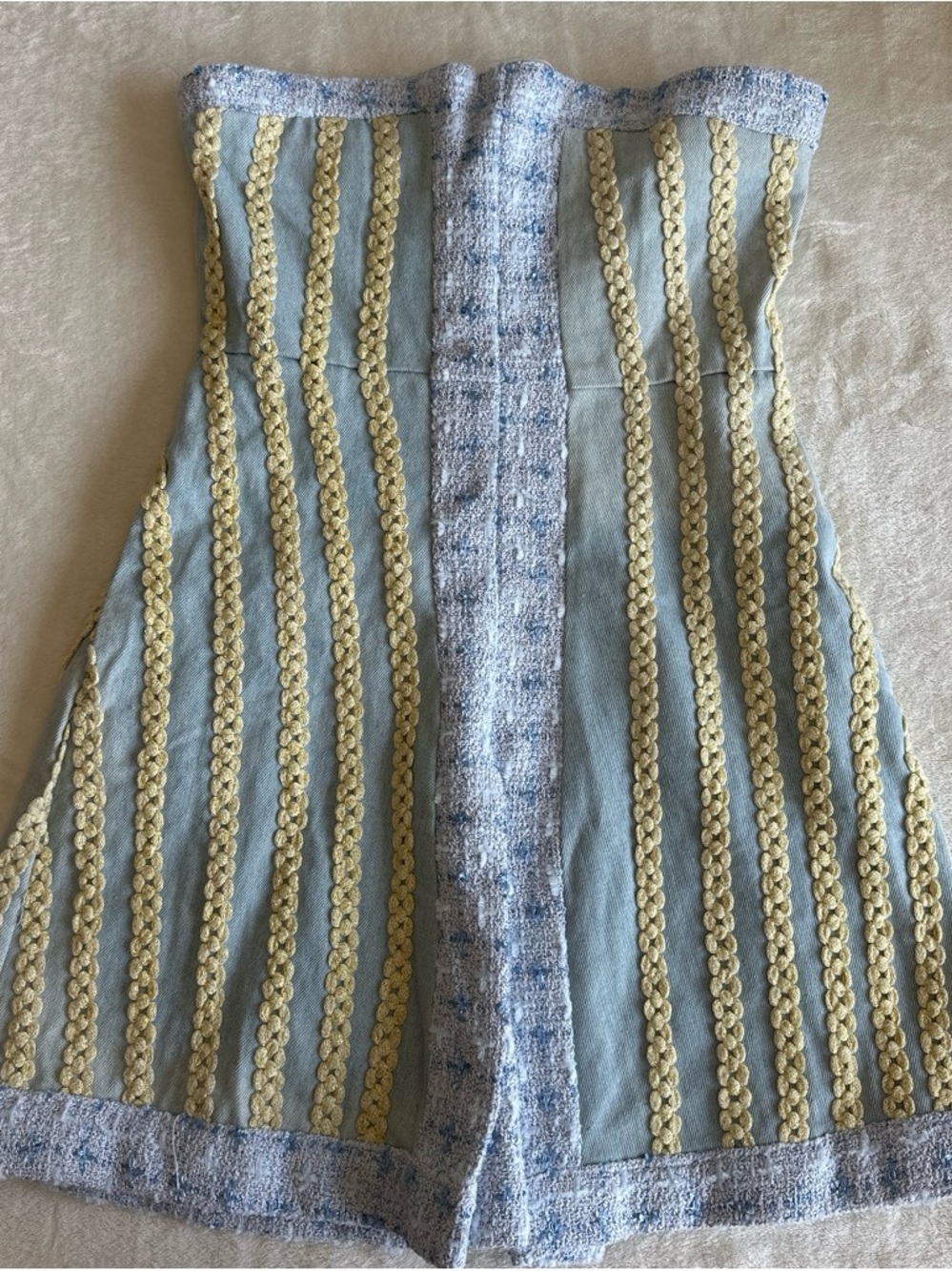 Light Blue Strapless Dress with Cream Braided Trim